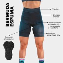 Bermuda de Ciclismo Feminina Forro Espuma Cós Alto Proteção Uv Bolsos Laterais 6h de Pedal