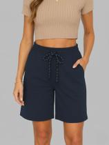 Bermuda de Moletom Feminina Azul Marinho Básica Liso com Bolso e Cordão - Shorts de moletom para mulher Bermuda de Moletom Feminina Azul Marinho Básica Liso com Bolso e Cordão - Shorts de moletom para mulher