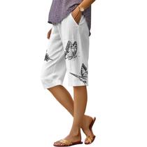 Bermuda DMOYALA, linho, estampa floral, cintura alta, GG, femininos