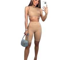 Bermuda E Cropped Biker Plus Size Malha Canelada Modinha
