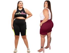 Bermuda Feminina Academia Modeladora C/ Bolso + Short Malha Crepe Social Elegante Com Cinto E Botões