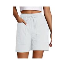 Bermuda Feminina Casual De Cintura Alta Com Bolsos, Caimento Solto De 4 Polegadas, Cor Sólida, Para