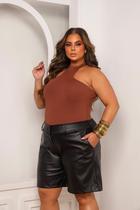 Bermuda Feminina Material Sintético Cintura Alta com Bolso Moda Casual Elegante Confortável do Slim ao Plus Size