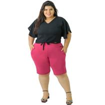 Bermuda Feminina Plus Size com Bolso Cós Médio Cintura Média Ponto Roma Catwalk Pink Bermuda Feminina Plus Size com Bolso Cós Médio Cintura Média Ponto Roma Catwalk Pink