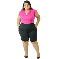 Bermuda Feminina Plus Size com Bolso Cós Médio Cintura Média Ponto Roma Catwalk Preta