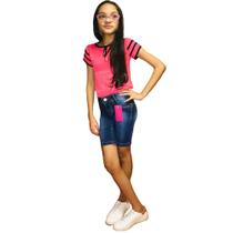 Bermuda Feminino Infanto juvenil Jeans Com Licra Azul Liso/puído 4