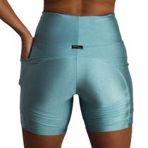 Bermuda fitness cós alto meia coxa com bolso azul mirante