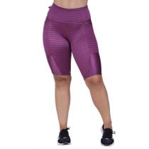 Bermuda Fitness Feminina Bolso Cós Alto Cirre Textura Brilho Orbis - G, Vinho