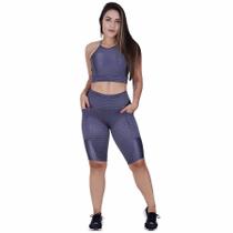 Bermuda Fitness Feminina Bolso Cós Alto Cirre Textura Brilho Orbis - M, cinza