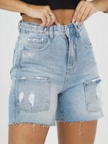 Bermuda Jeans cintura alta barra fio Feminino Shorts Jeans Feminino azul claro