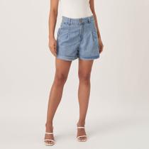 Bermuda Jeans Cintura Alta Pregas Barra Italiana Azul Claro