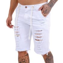 Bermuda Jeans Cor Branca Masculina Destroyed Desfiada Rasgada 100% Algodao