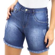 Bermuda Jeans Feminina Barra Desfiada Cós Alto Bolsos Verão