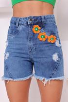 Bermuda Jeans Feminina Bordado Flor Laranja Bermuda Jeans Feminina Bordado Flor Laranja