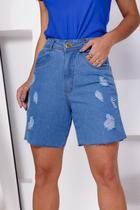 Bermuda Jeans Feminina Cintura Alta Estilosa com Rasgo Barra corte a fio
