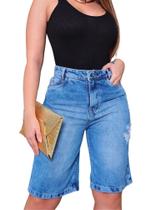 Bermuda Jeans Feminina Comprida Jorts Cintura Alta Casual