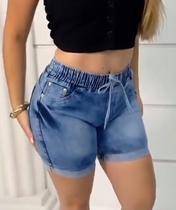 Bermuda Jeans Feminina Meia Coxa Com Elástico Cintura Alta Bermuda Jeans Feminina Meia Coxa Com Elástico Cintura Alta
