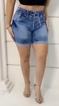 Bermuda Jeans Feminina Meia Coxa Com Elástico Cintura Alta Bermuda Jeans Feminina Meia Coxa Com Elástico Cintura Alta