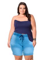 Bermuda Jeans, Feminina, Plus Size, Cós de Elástico, Tam. 46