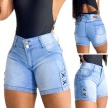 Bermuda Jeans Feminino Short Destroyed 2 Botões e Detalhe Na Perna Jeans Premium Da moda - Convicta Jeans
