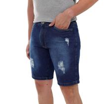 Bermuda Jeans Masculina Básica Lavagem Escura Detalhes em Puídos Linha Premium