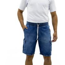 Bermuda Jeans Masculina Cargo Marmorizada Cós Elástico Cordão Bermuda Jeans Masculina Cargo Marmorizada Cós Elástico Cordão
