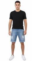 Bermuda Jeans Masculina Slim com Detalhes Destonados e Barra Dobrada - Casual Premium COR:AZULTamanho:48 Bermuda Jeans Masculina Slim com Detalhes Destonados e Barra Dobrada - Casual Premium COR:AZULTamanho:48