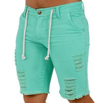 Bermuda Jeans Masculino Casual Verde Água Com Cordão Modelo Detonado Moda Masculina Short Tendência