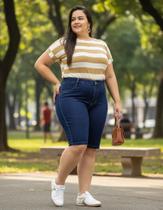 Bermuda Jeans Plus Size Feminina, Cós De Elástico, Ciclista, Até 58 Bermuda Jeans Plus Size Feminina, Cós De Elástico, Ciclista, Até 58