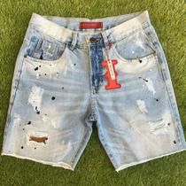 Bermuda Jogador Jeans Masculina Curta Premium 100% Algodao Original Tinta Respingo Estilo