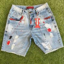 Bermuda Jogador Jeans Masculina Curta Premium 100% Algodao Original Tinta Respingo Estilo
