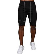 Bermuda Jogger Preta Destroyed Skinny Com Cordão Masculina