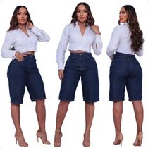 Bermuda Jordes Feminina Reta Cintura Alta Jeans 100% Algodão Perna Ampla Elegante Tendência - Bermuda Jordes Feminina Reta Cintura Alta Jeans 100% Algodão Perna Ampla Elegante Tendência -