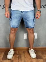 Bermuda Masculina Jeans Bolso Cargo Com Algodão