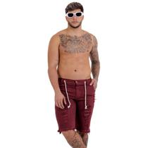 Bermuda Masculina Jeans Cor Vinho, Modelo Destroyed