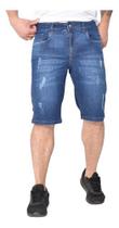 Bermuda Masculina Jeans Lavagem Escura Puídos Barra Dobrada