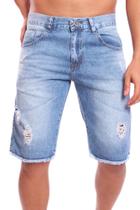 Bermuda masculina rasgada jeans clara lavada sem lycra barra desfiada Ref: 013