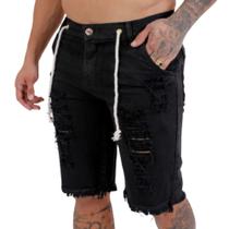 Bermuda short jeans cor preta com cordão masculina modelo rasgado Bermuda com Ziper e Botão