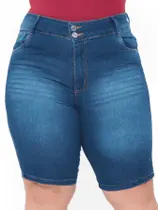 Bermuda Short Jeans Feminino Plus Size Cintura Alta Escuro Lycra/Elastano