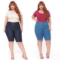 Bermuda Short Jeans Feminino Plus Size Cintura Alta Lycra/Elastano