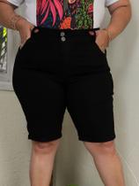 Bermuda Short Preto Jeans Feminino Plus Size Cintura Alta Lycra/Elastano Bermuda Short Preto Jeans Feminino Plus Size Cintura Alta Lycra/Elastano