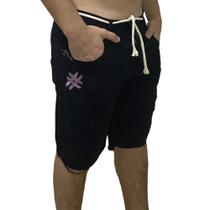 Bermuda Shorts Rasgada Curta Com Cordão e Detalhes Desenhados - Jeans Preto - Polo Attack