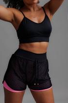 Bermuda Sobreposta com Tela Preto e Rosa para Treino