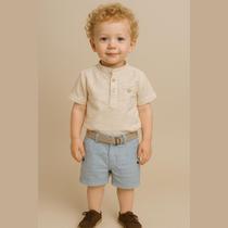 Bermuda Social Infantil Masculina Linho Azul C/ Cinto Bolso faca e Bolso Embutido Bermuda Social Infantil Masculina Linho Azul C/ Cinto Bolso faca e Bolso Embutido