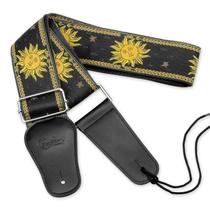 BestSounds Guitar Strap Sun Jacquard Woven Strap Genuíno Leather Ends Guitar Shoulder Strap for Bass, Acoustic, Classic & Electric Guitar (Black)