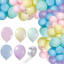 Bexiga Balão Candy Colors, Tam. 9", C/100UN, Tons Pastéis - Balão Bexiga Cor:Sortidas + Tira Arco Desconstruído 5 Metros