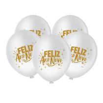 Bexiga Balões Feliz Ano Novo Branco E Dourado No8 - 20 Unid.