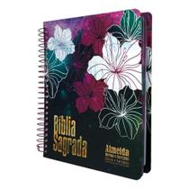 Bíblia Anote com Harpa Almeida Revista e Corrigida - Floral Magenta Espiral