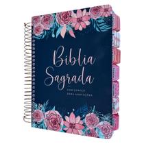 Bíblia Anote NVI Azul rosas com abas adesivas coladas