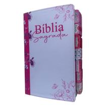Biblia ARC Flor Lírios Rosa com Abas adesivas coladas borda floral - Harpa e indice